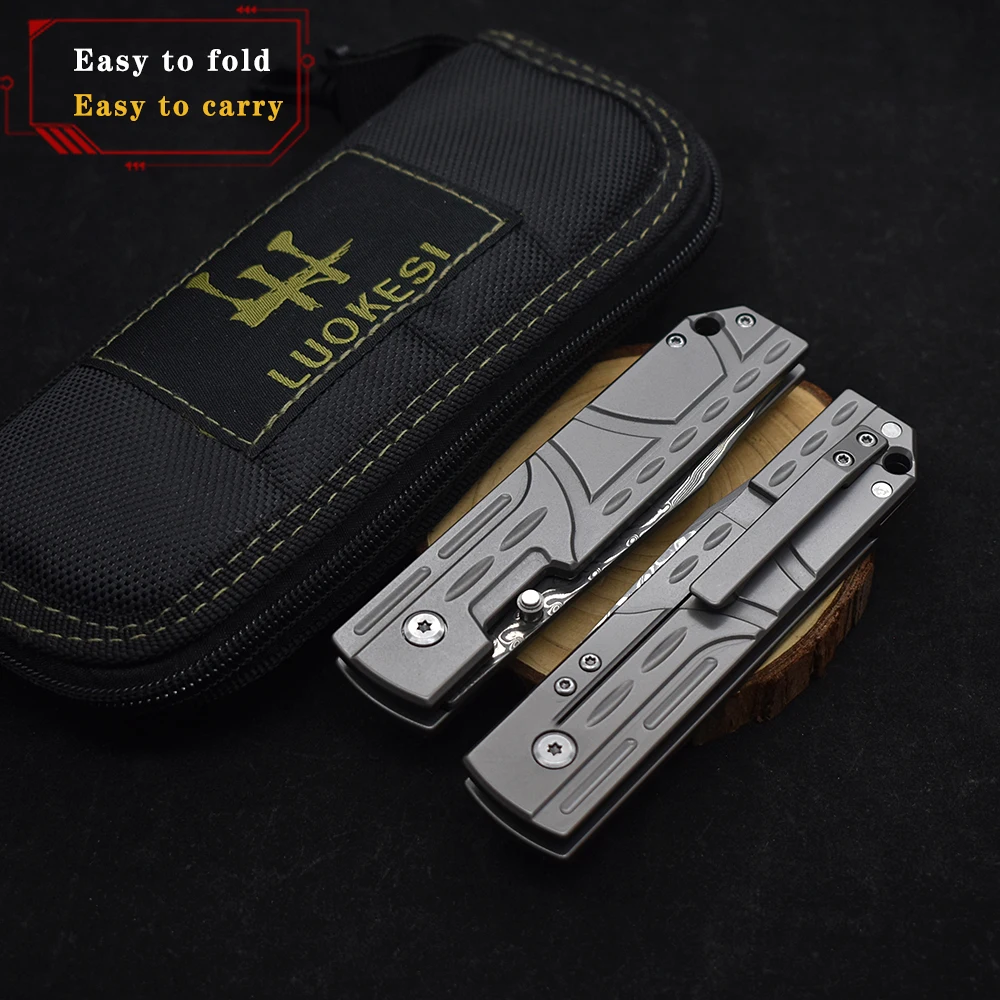 Damascus Steel Titanium Alloy Handle Folding Knives Outdoor Hunting Durable Hunting Knife Self Defense Top Quality Sharp EDC