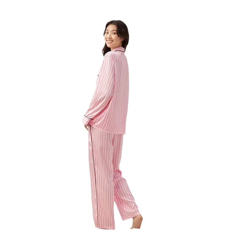 Secret new lapel long-sleeved pink striped ice silk pajamas women\'s loungewear sweet suit pijamas inverno feminino pajama пижама