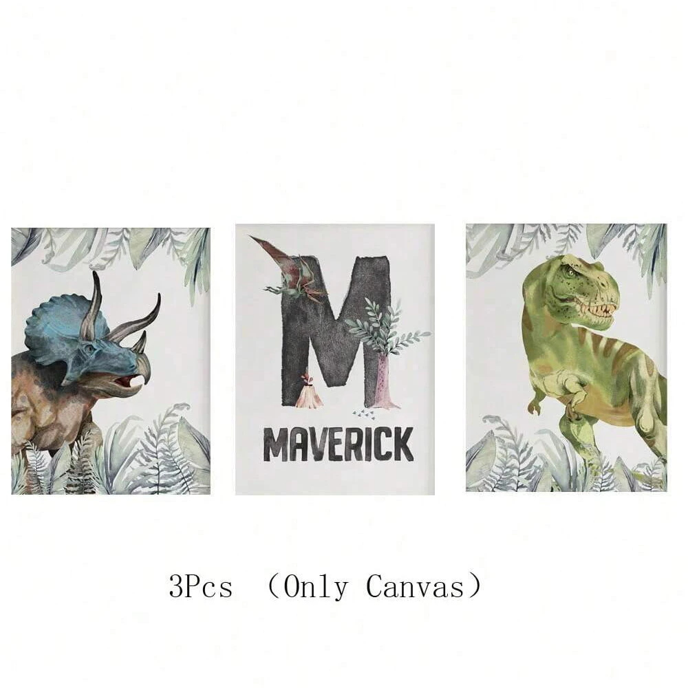 مجموعة فنية جدارية مخصصة من قماش الديناصورات مكونة من 3 قطع - مطبوعات، حبر بدون إطار عالي الجودة على القماش، مثالية لغرفة الأولاد والحضانة والدينو #5