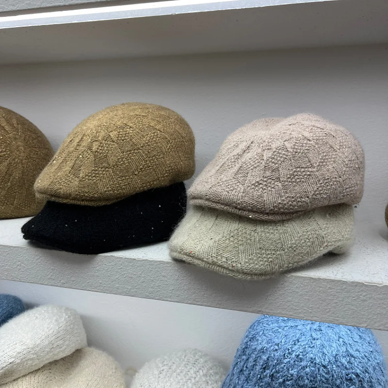 قبعة متماسكة من مزيج الصوف للنساء لخريف وشتاء، قبعة رسام بيريه دافئة مطرزة، قبعة صغيرة بنمط منقوش مخطط