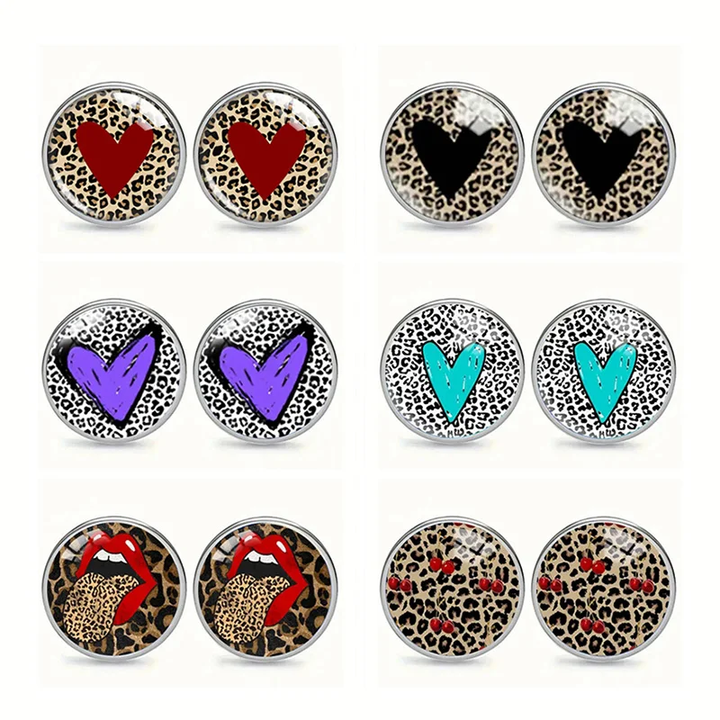 Vintage Heart Leopard Print Glass Earrings Stainless Steel Round Lip Stud Earrings For Women Jewelry