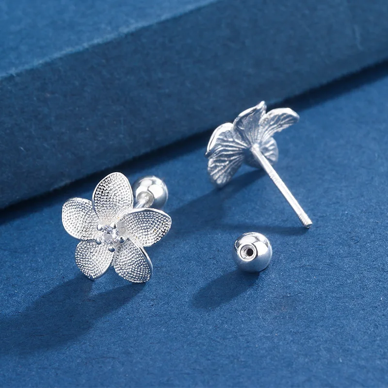 New Creative Silver Color Gardenia Flower Piercing Screw Ball Stud Earrings For Women Girls Charm Party Jewelry Accessories Gift