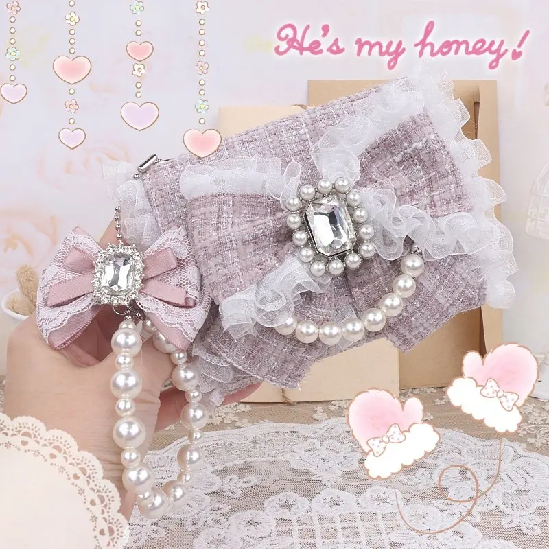 Japanese Original Lolita Sweet Cute Lace Trim Clutch Heavy Rhinestone Bow Wallet