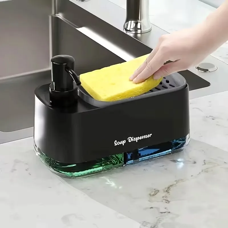 

3 in 1 Kitchen Soap Dispenser Set with Dual Pump and Sponge Caddy Efficient Cleaning Organizer for Sink Area Countertop Storage