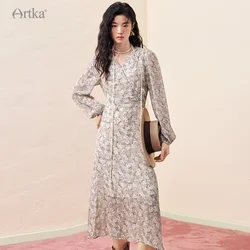 ARTKA 2023 Autumn New Women Dress French Floral Print V-Neck Chiffon Dresses Long Sleeve High Waist Lace-up Midi Dress LA92531Q