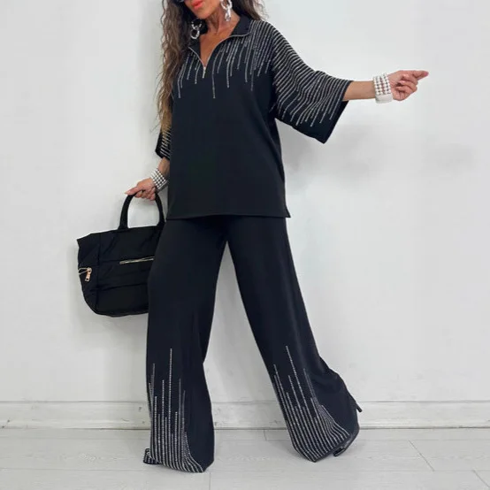 Vêtements pour femmes européens et américains, amples et décontractés, noirs, ensemble de poinçonnage, ensemble de 2 pièces, nouvelle collection automne et hiver