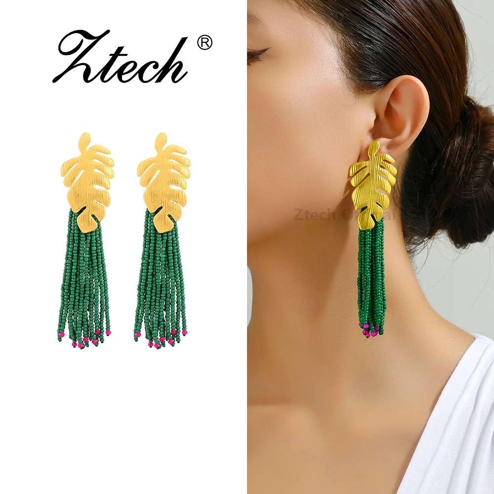 Gold Color Leaves Shape Handmade Beaded Pendant Multicolor Acrylic Long Tassel Dangle Drop Earrings For Women Fashion Jewelry