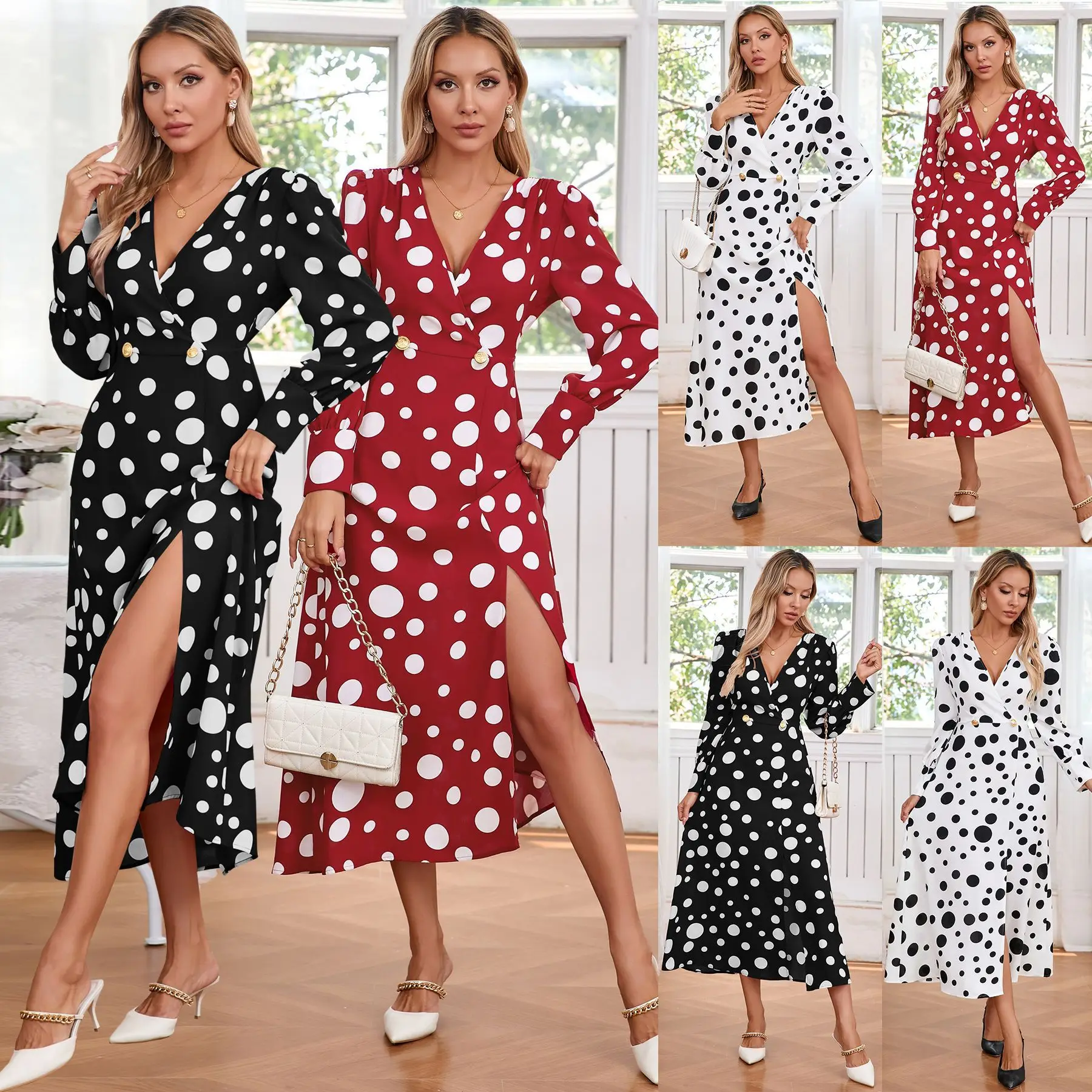 Polka Dot Print Dresses Women Sexy V-neck Buttons Long Sleeve Slim Slit Dress Fashion Lady Commuting Vestidos Spring Autumn New