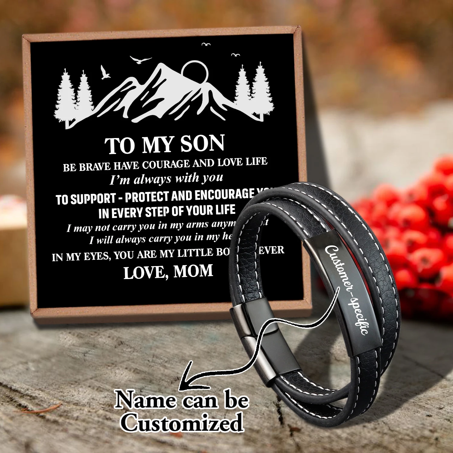 

Sam3021 Mom To My Son Name Can Be Customized Woven Bracelet Card text Men's Fashion Magnet Clasp Multi-layer Leather Bracelet