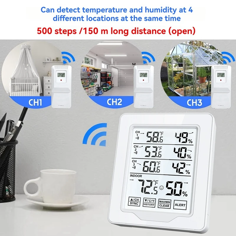 Digital Thermometer And Hygrometer Indoor Humidity With 3 Sensor Screen Display White Backlit Large Screen Recorder