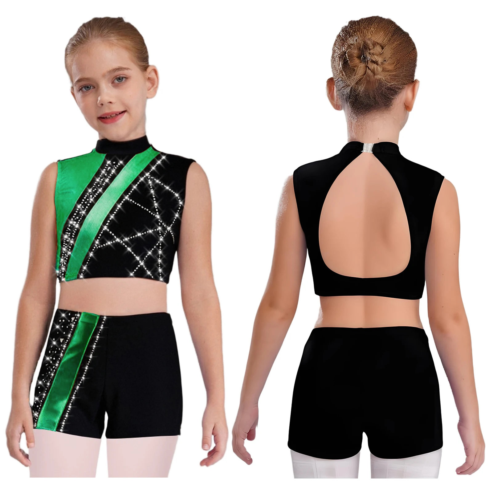 Children Gymnastics Outfit for Girls Sleeveless Cutout Back Rhinestones Tops Shorts for Ballet Dance Ice Skating Performance Set