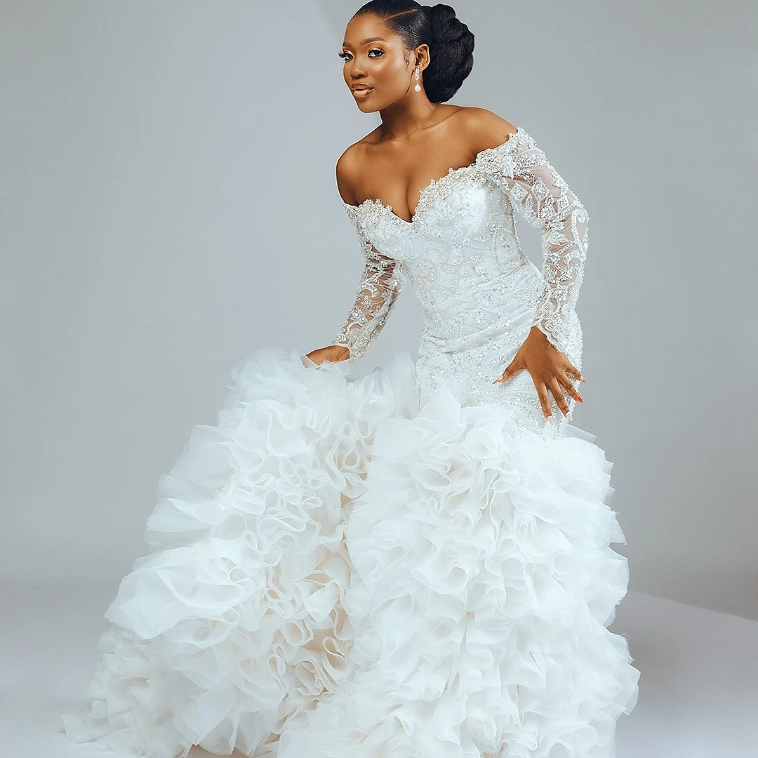 Aangepaste Zeemeermin Lange Mouw Trouwjurk 2023 Sweetheart Kant Applicaties Ruches Kralen Bruidsjurk Robe De Mariée YMW30