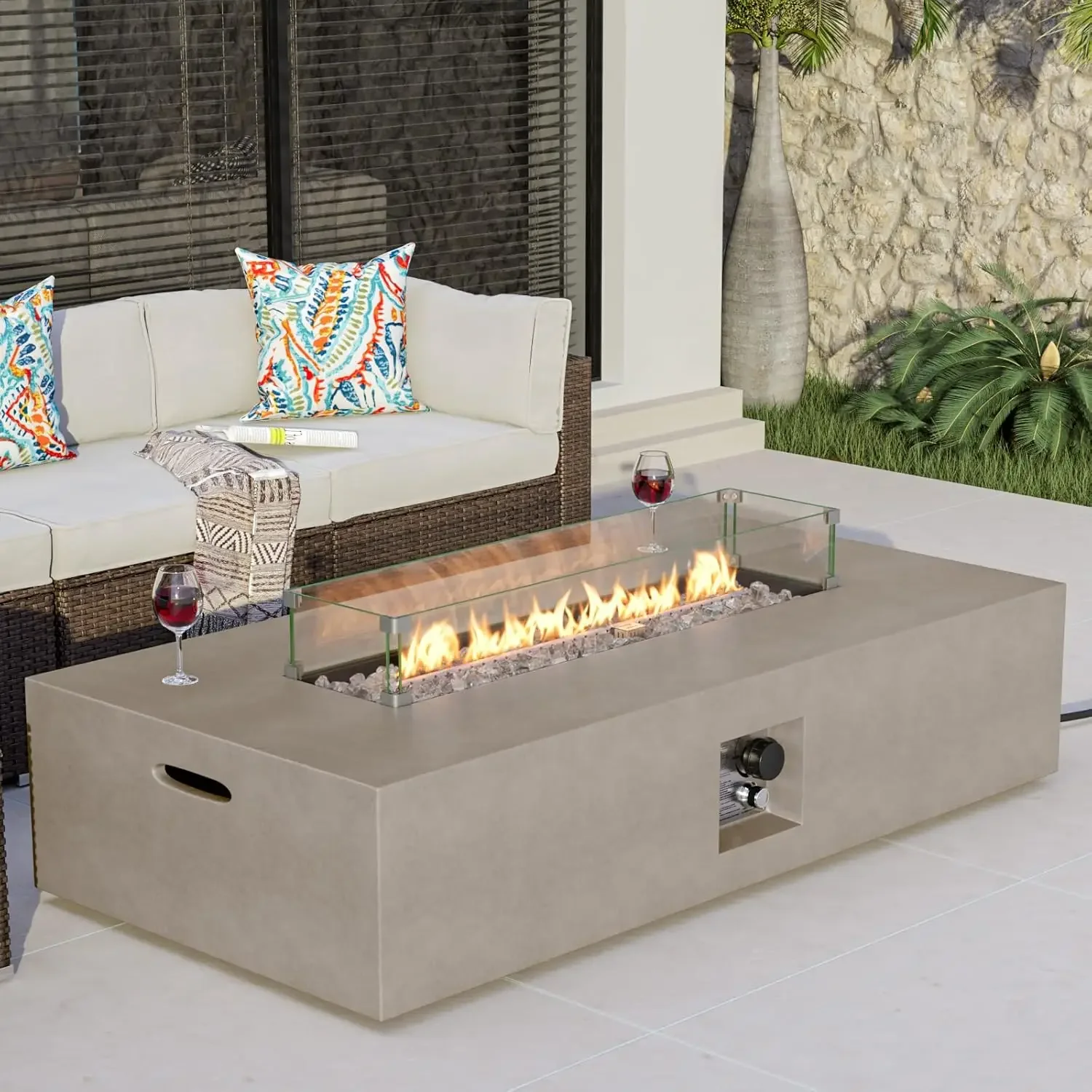 

COSIEST Outdoor Propane Fire Pit Table, 56-inch x 28-inch Rectangle Gray Concrete-Like Finish, 50,000 BTU Stainless Steel Burner