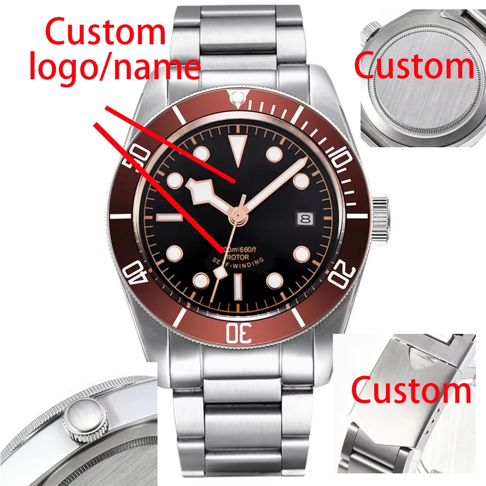 Reloj automático personalizado para hombre con nombre personalizado NH35A / Miyota 8215 de 41 mm, esfera negra, cristal de zafiro, 20 ATM, nombre y logotipo E