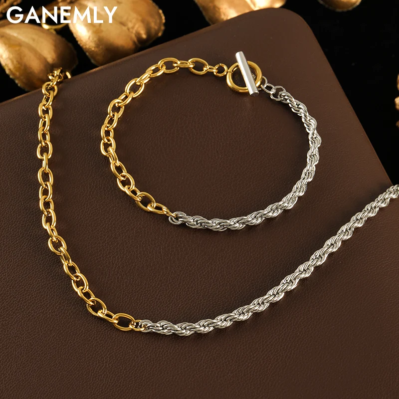 GANEMLY 316L Edelstahl Ketten Halskette Armband Set Für Frauen Mädchen Neue Trendy 2-Farbe Wasserdicht Schmuck Dame Urlaub geschenk
