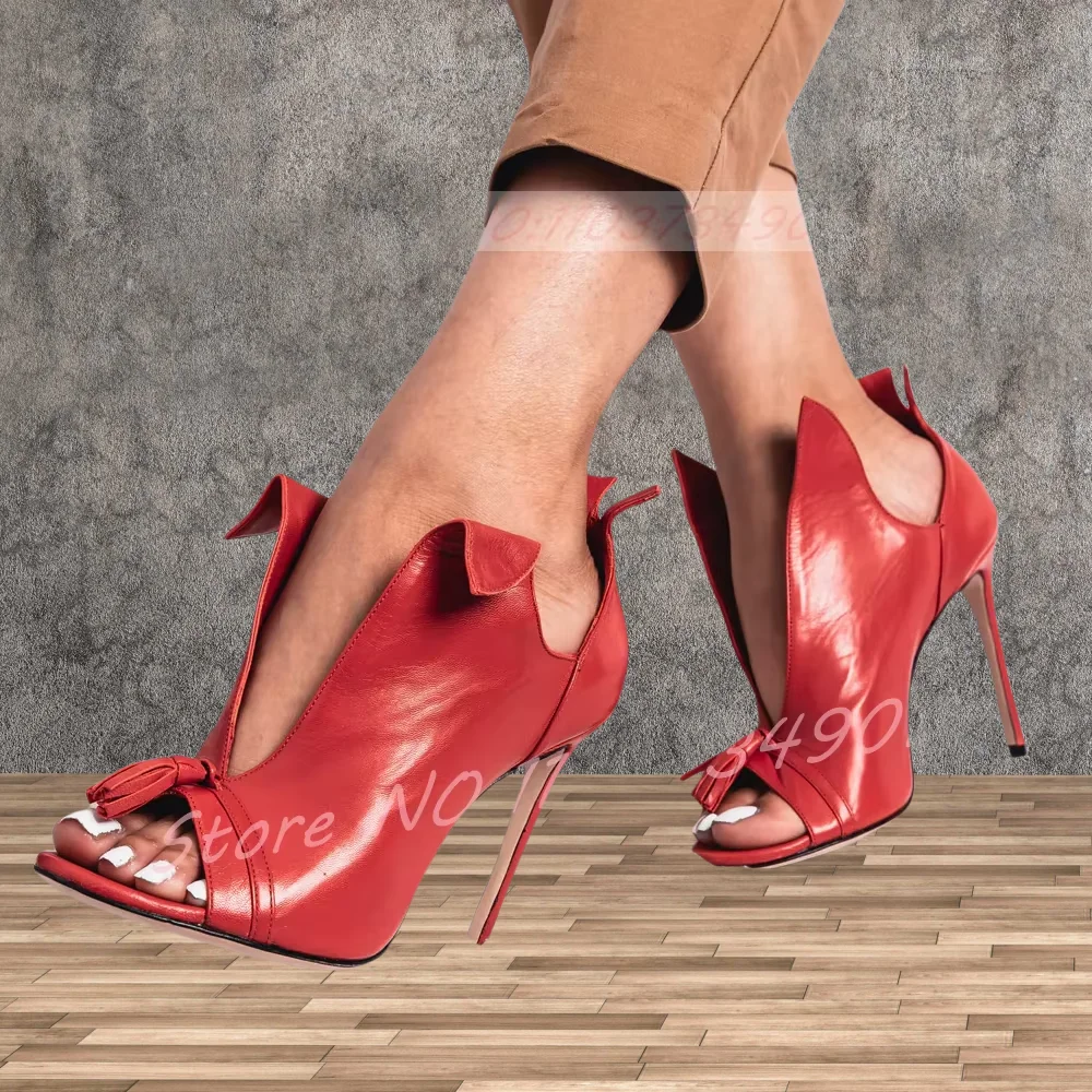 

Peep Toe Sandals Ladies Casual Red Leather Folded Hollow Tassel High Heels Shoes Women Party Slip-on Sandals