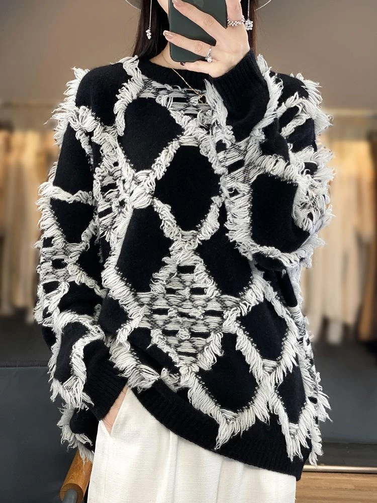 

Autumn Winter New Cashmere Sweater Women's O-Neck Thick Knit Pullover Fashion Large Size Diamond Blouse Woolen Loose Base Shirts