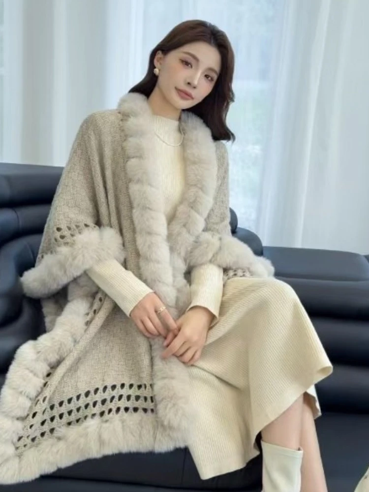 Autumn and Winter Fur Collar Cape Shawl Solid Color Thickened Warm Women's Shawl Office Air-conditioned House Outdoor Cloak