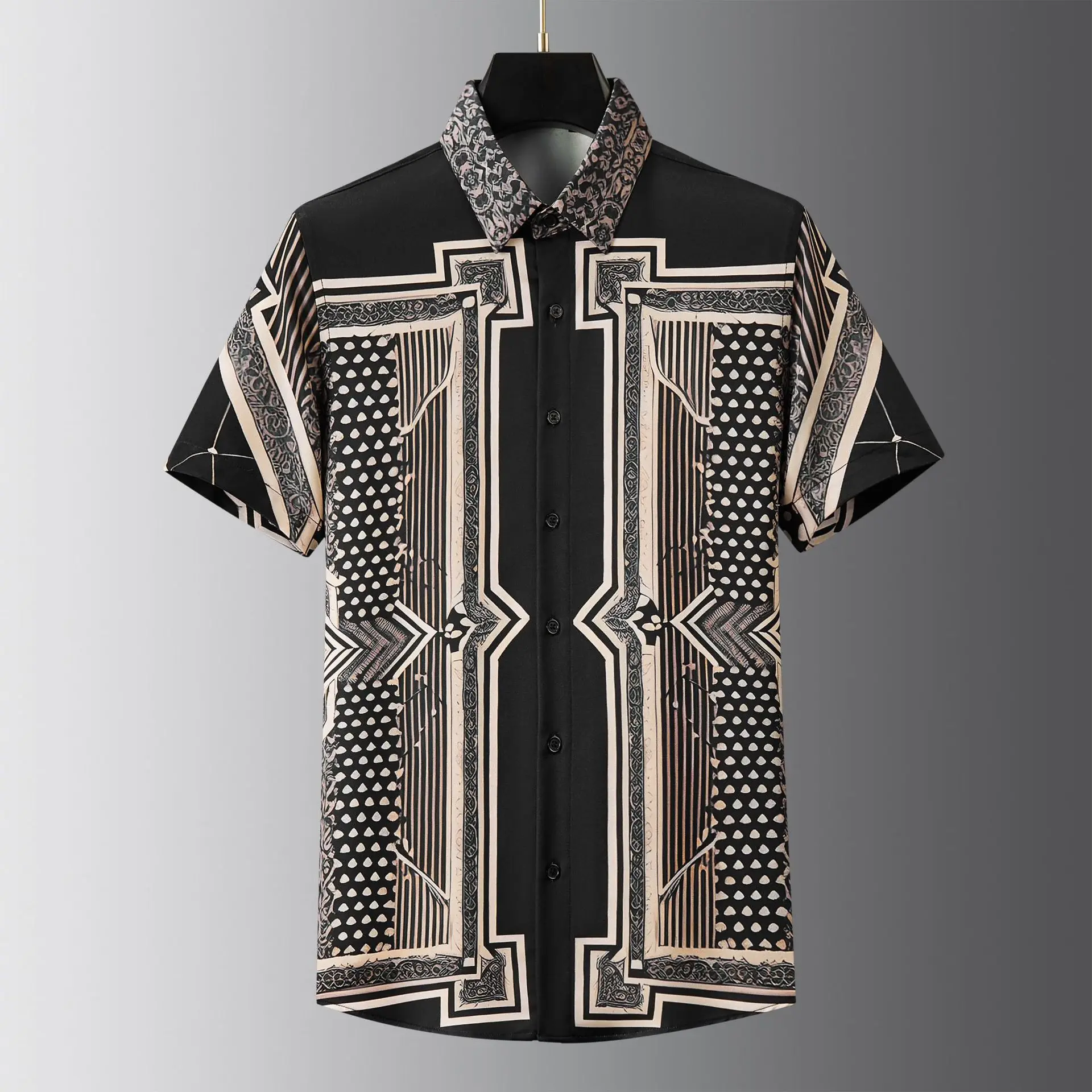 New digital printed men's short sleeved shirt with European and American style, no iron, wrinkle resistant and slim fit shirt