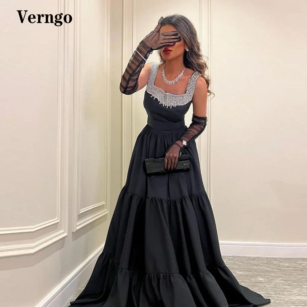 

Verngo A Line Black Taffeta Evening Dresses Beads Straps Top Tulle Sleeves Saudi Arabic Women Modern Formal Party Prom Gowns