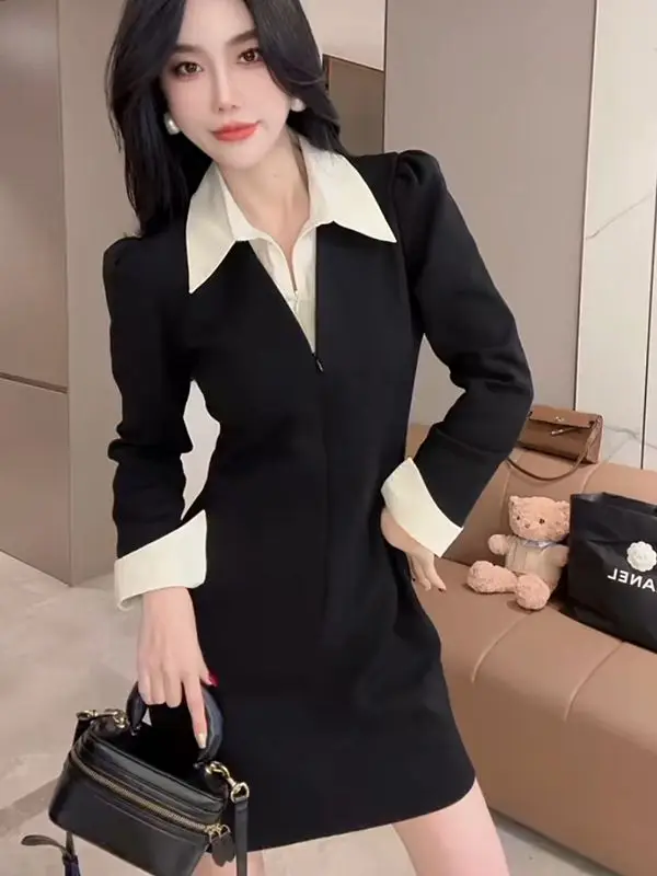Women's Elegant Lapel Color Block V-Neck Patchwork Slim Mini Dress 2026 Spring New Dual Zip Design Fake Two Piece Long Sleeve Sk