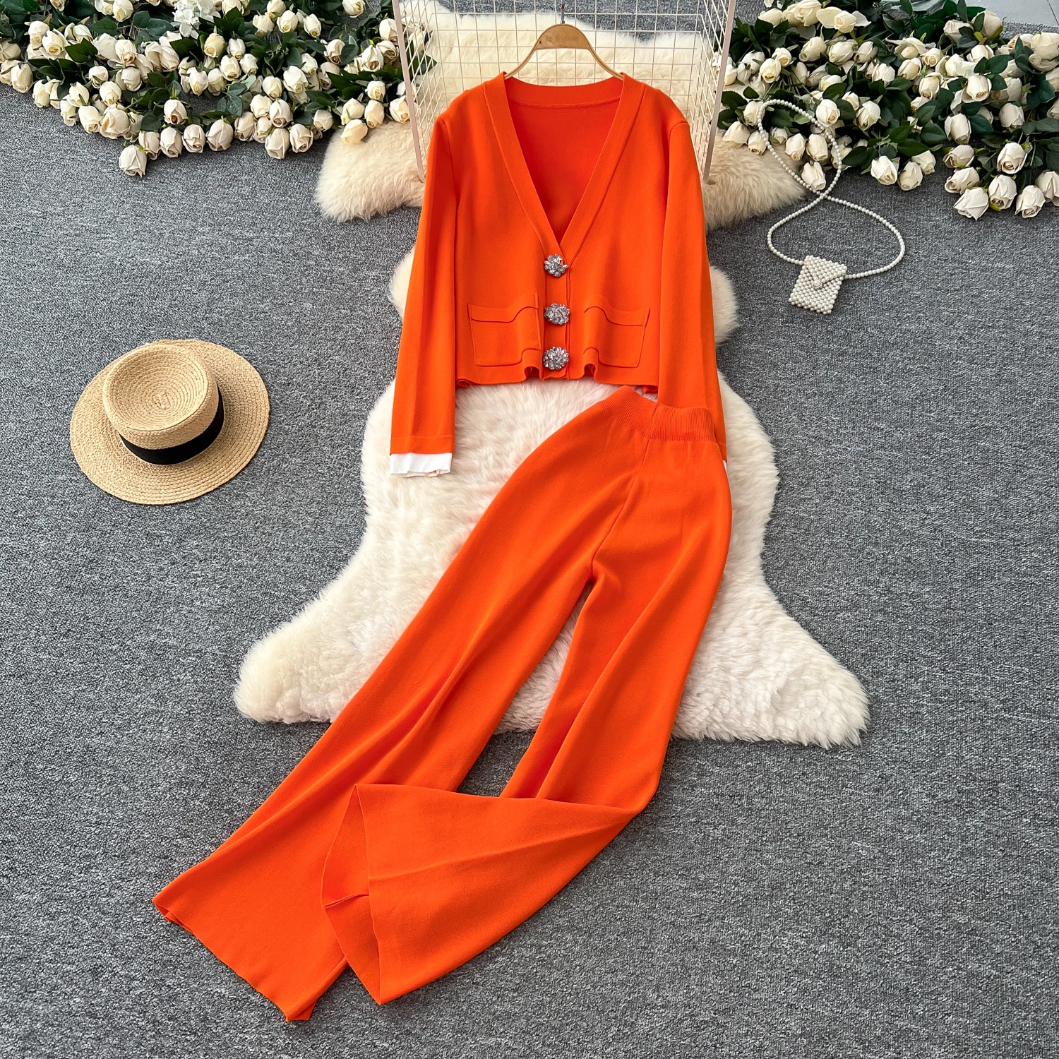

Korean Design Knitted 2 Piece Sets Women Big Button V-neck Long Sleeve Cardigan Tops Conjuntos High Waist Wide Leg Pants Outfit