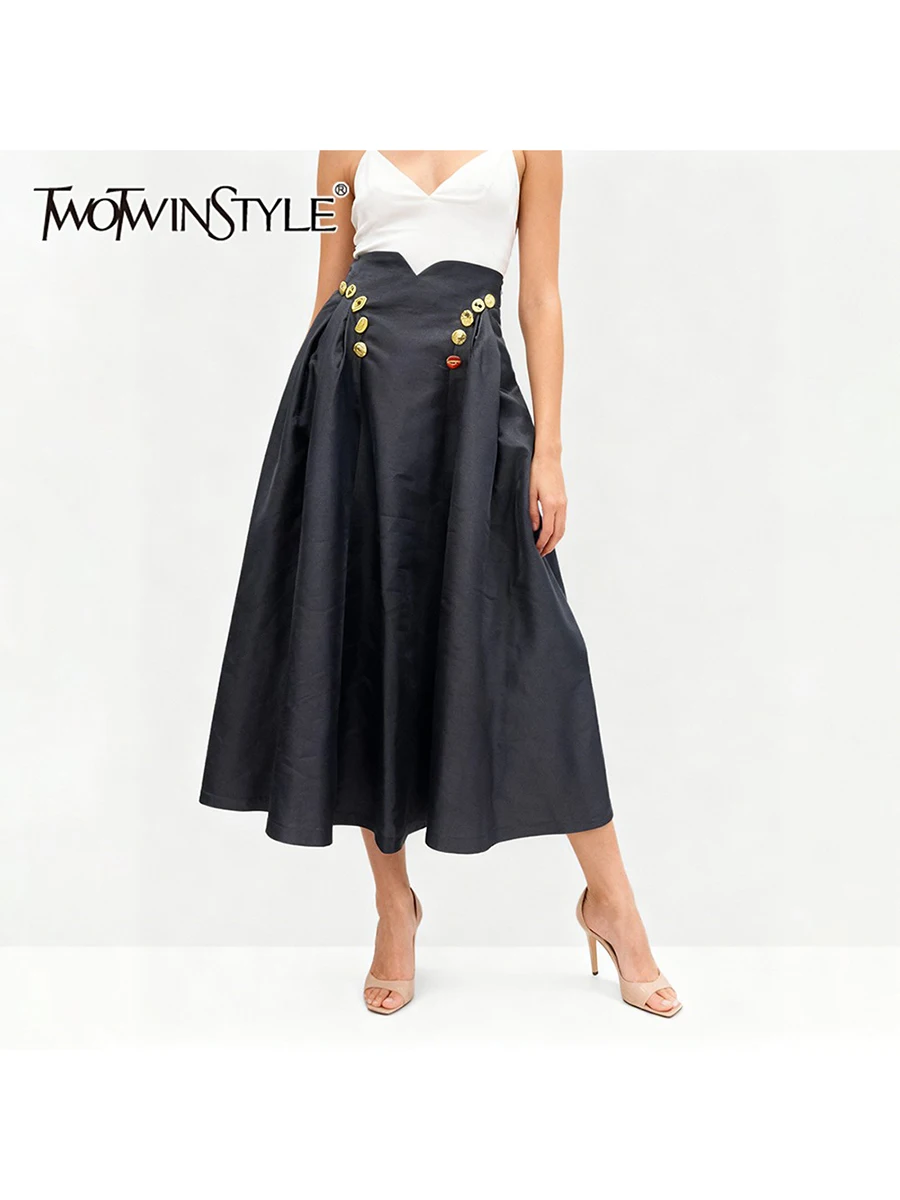 

TWOTWINSTYLE Solid Spliced Metal Buttons Temperament Skirts for Women High Waist Patchwork Shirring Fashion Skirt Female Clothes