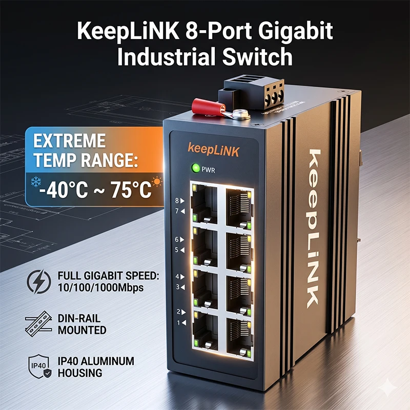 KeepLiNK 8-Port Gigabit Industrial Ethernet Switch Unmanaged 10/100/1000Mbps DIN Rail IP40 -40~75℃ Wide Temp Aluminum Hub