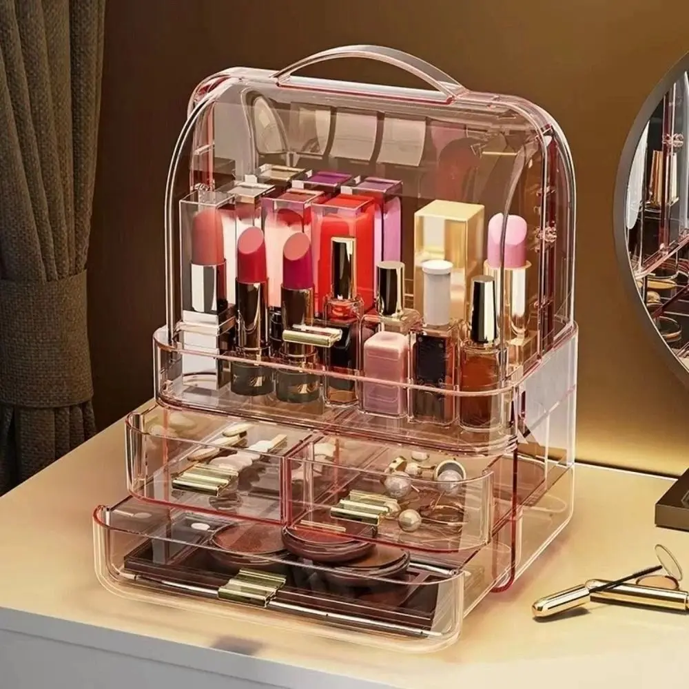 

Drawer Style Cosmetics Storage Box with Lid and Handle Clear Skincare Display Cases Dustproof Multilayer Makeup Storage Rack