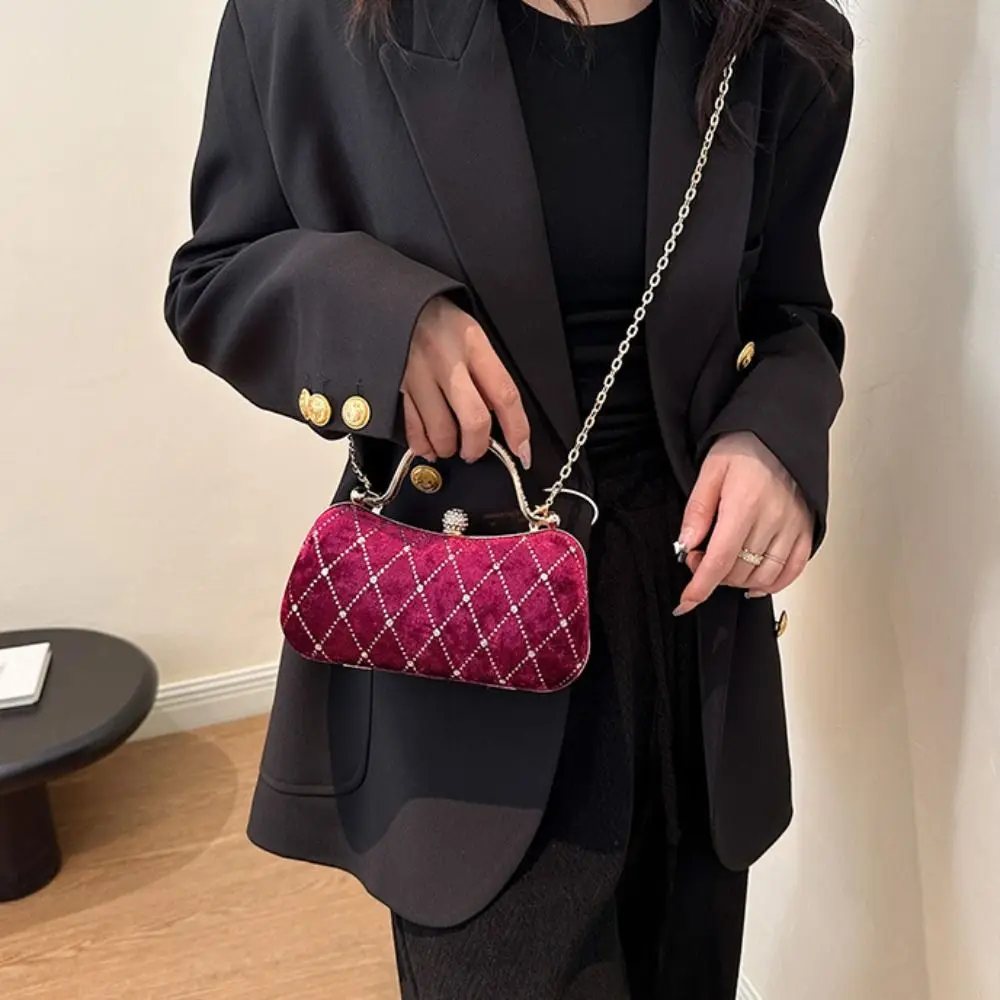 

Elegant Luxury Velvet Dinner Handbag Crystal Square Evening Banquet Bag Chain Top Handle Bridal Clutch Bag Ladies
