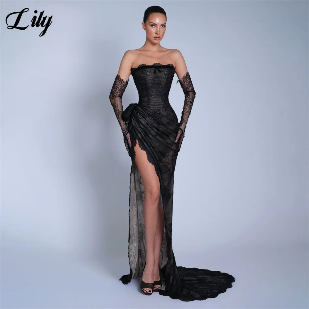 Lily Black Party Dress Strapless Lace Corset فساتين السهرة High Slit Train Night Dress Sleeveless Celebrity Dress Customized