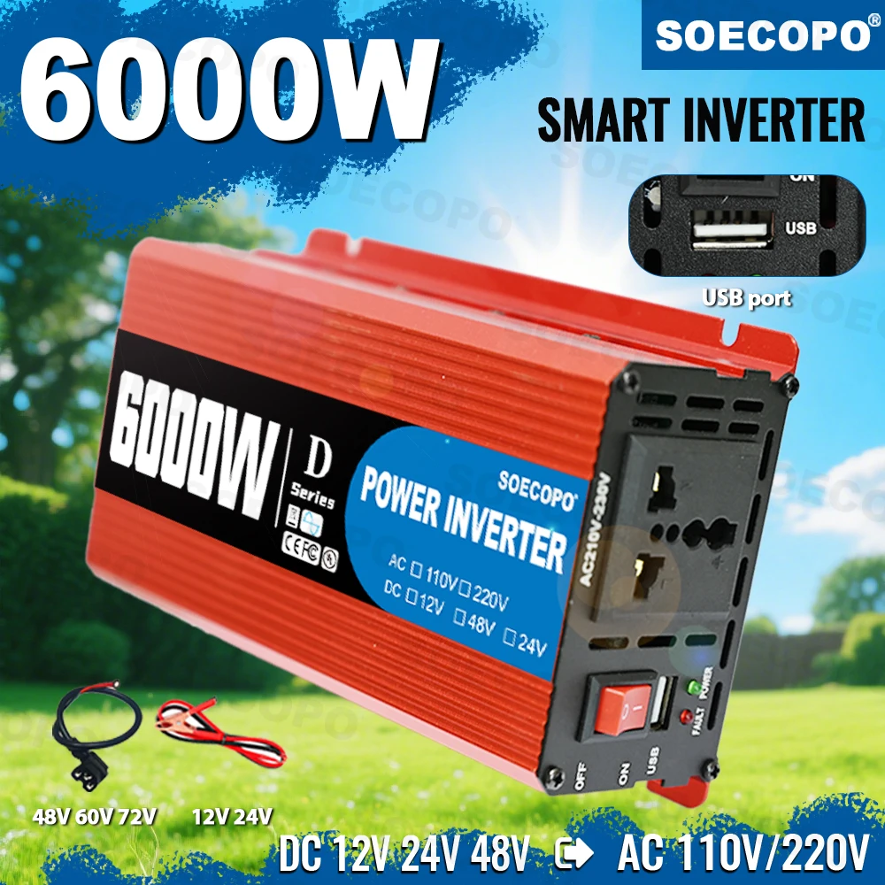 

Smart Power Inverter 6000W Portable Car for Camping RVs Trucks with USB And Clamps 12V/24V/48V to 110V/220V FCC CE Certified