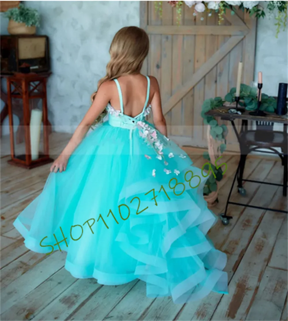 

Turquoise Tulle 3D Flowers A-Line Flower Girl Dress for Wedding Backless Straps Kid Princess Pageant Gown Birthday Dress