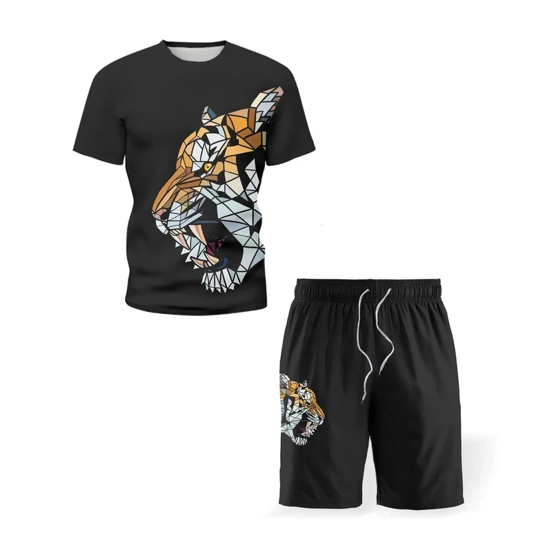 Tiger Animal 3D Print T-Shirt Summer Street Tracksuit Short Sleeve Men\'s Clothing Round Men Shorts Neck Casual Tops Pants Set