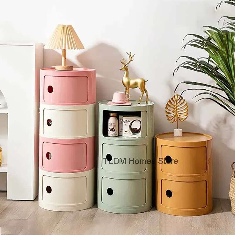 Modern Simple White Plastic Nightstands Circular Living Room Sofa Beside Side Table Bedroom Interior Small Cabinet Storage Boxes