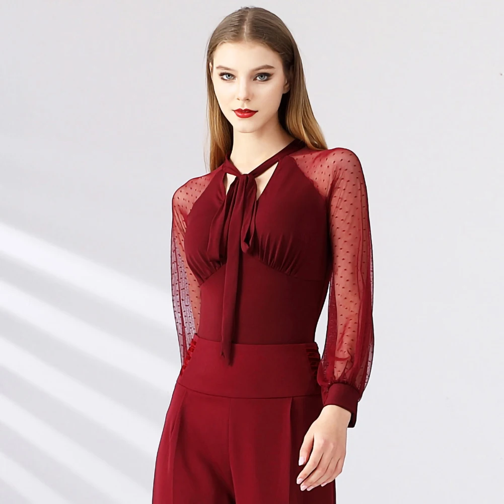 

Samba Shirt Top Dancing V-neck Costume Women's jumpsuit wine red White Black Long Sleeve Prom Performance Shirt