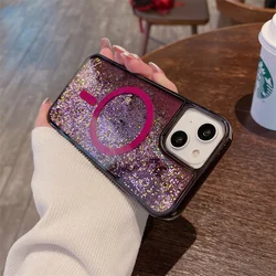 Luxury Magnetic Magnets Quicksand Case Cover for iPhone 15 14 16 Pro Max Glitter Powder Sequins Shell Hard Funda Liquid Carcasas
