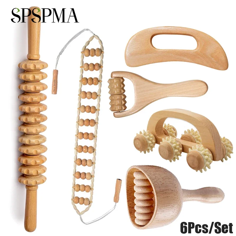 6Pcs/Set Wood Therapy Massage Tools, Massage Roller Relax Muscles, Relieve Soreness & Lymphatic Drainage, Body Sculpting