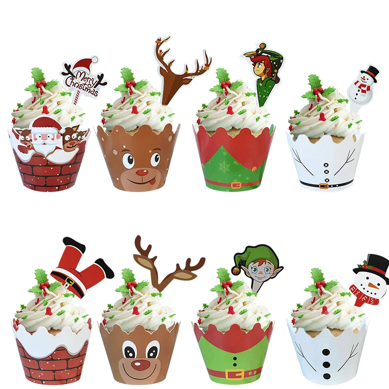 24Pcs Christmas Paper Cupcake Wrappers Bake Cake Paper Liner Wraps for Christmas Noel New Year Birthday Party Cake Decorations