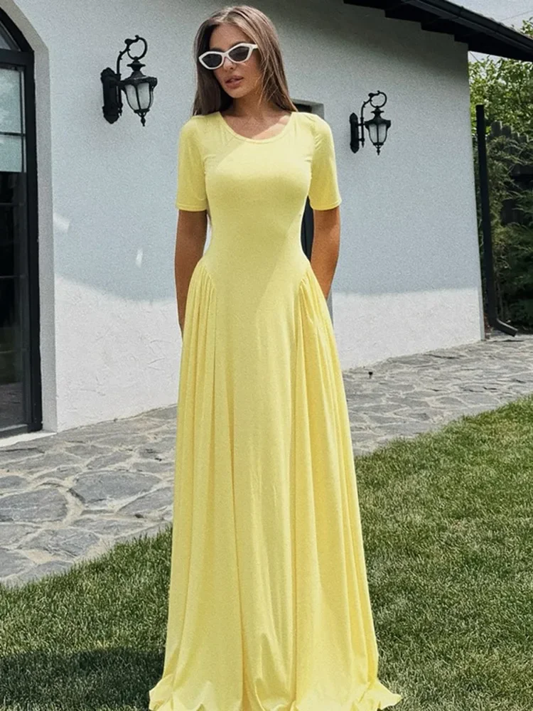 

Autumn Short Sleeve Sexy Maxi Dress For Women Fashion Solid O Neck High Waist Pleated Club Party Long Dresses Female
