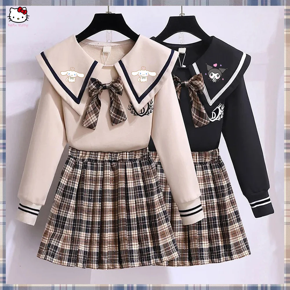 Cinnamoroll Girl Princess Dress Sanrioes Anime Kuromi Kids Collegiate Style Sweater Spring Tops+Pleated Skirt Outfits Pullover