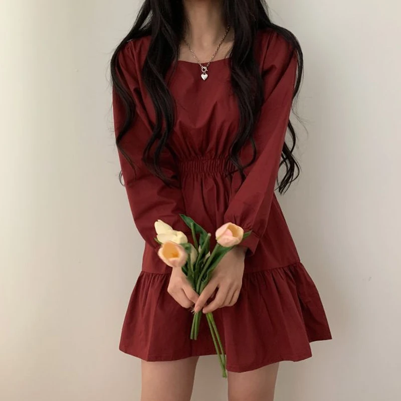 2023년 봄 여성 한국 스타일 스윗 젊은 루즈핏 인형 드레스 스퀘어 넥 A라인 스커트 긴팔 숏 기장 솔리드 컬러