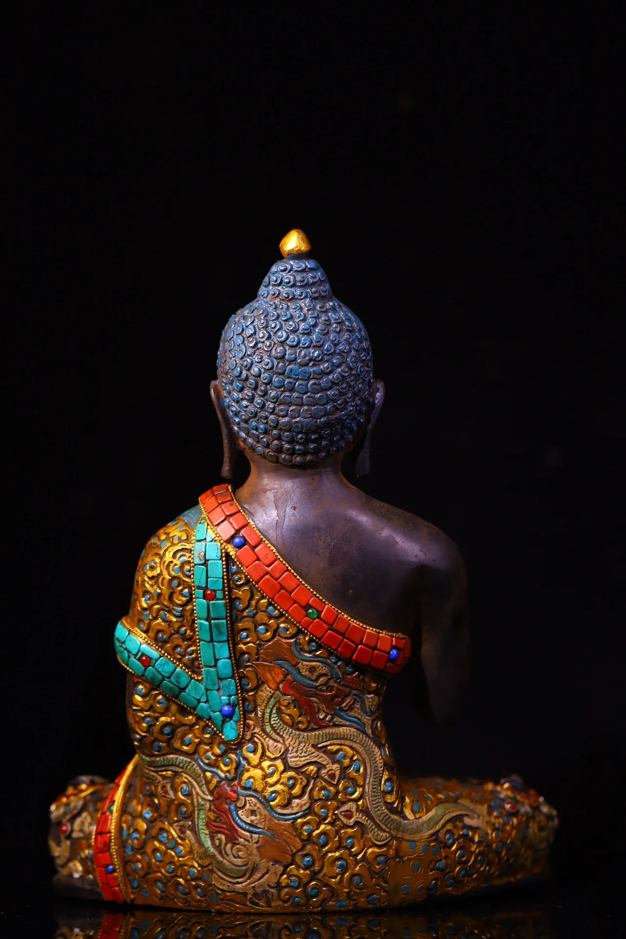

10"Tibetan Temple Collection Old Bronze Painted Mosaic Gem gZi Beads Turquoise Shakyamuni Sitting Buddha Amitabha Worship Hall