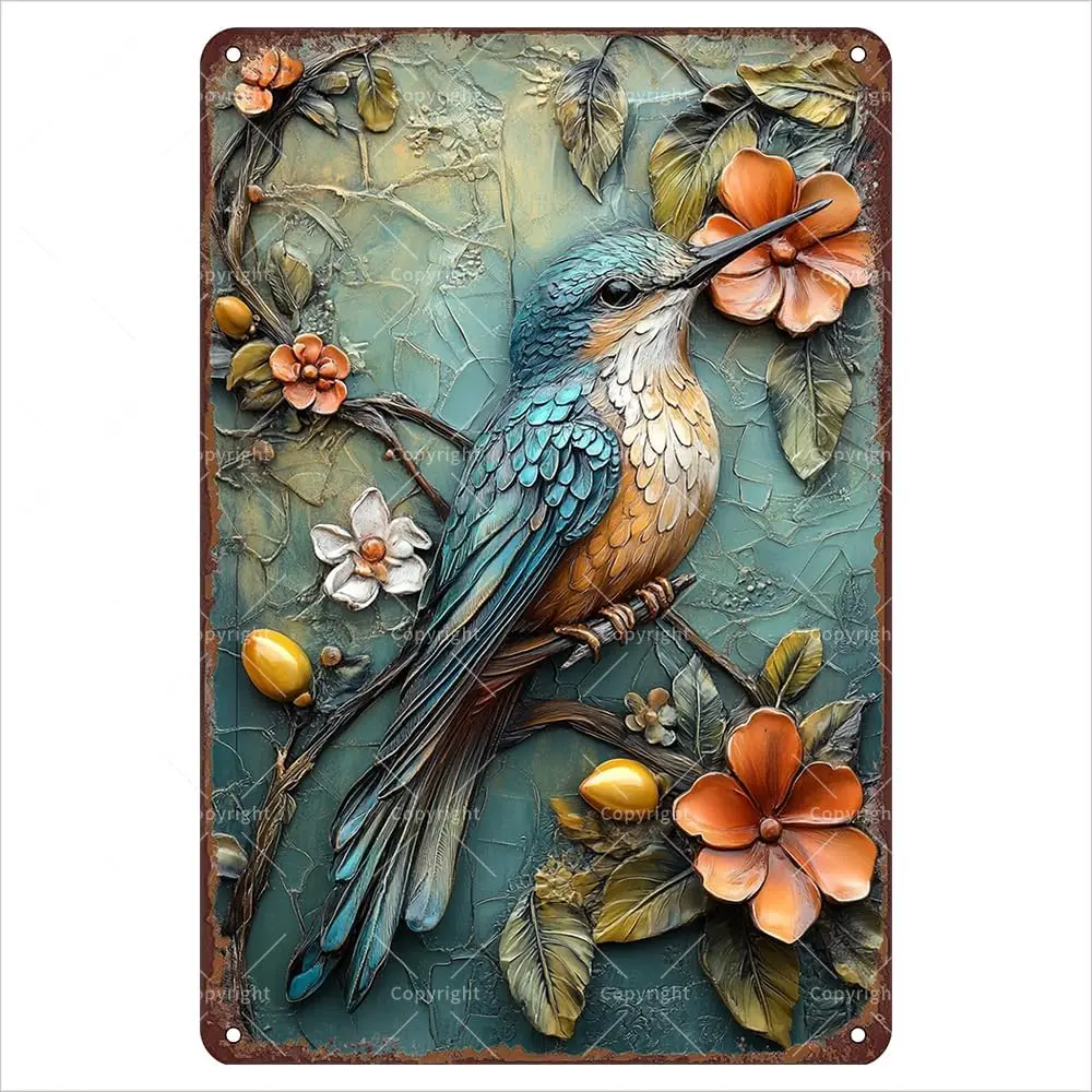 Vintage Tin Sign  - Colorful Bird with Flowers and Branches 3D Art Flat Metal Tin Signs with 3D Effect - Retro Tin Sign for Natu
