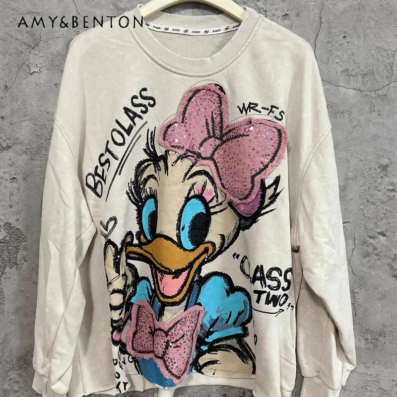 

Autumn New Cartoon Age-Reducing Loose O-Neck Pullover Sweatshirt For Women's Heavy Industry Embroidery Patchwork Jacket Hoodies