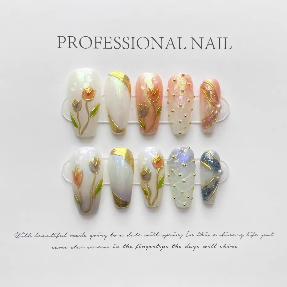 

10pcs Handmade Ballerina Press on Nails Colours Hand-painted Fake Nail Tulip Decor Sweet Style Square Artificial Nail for Women