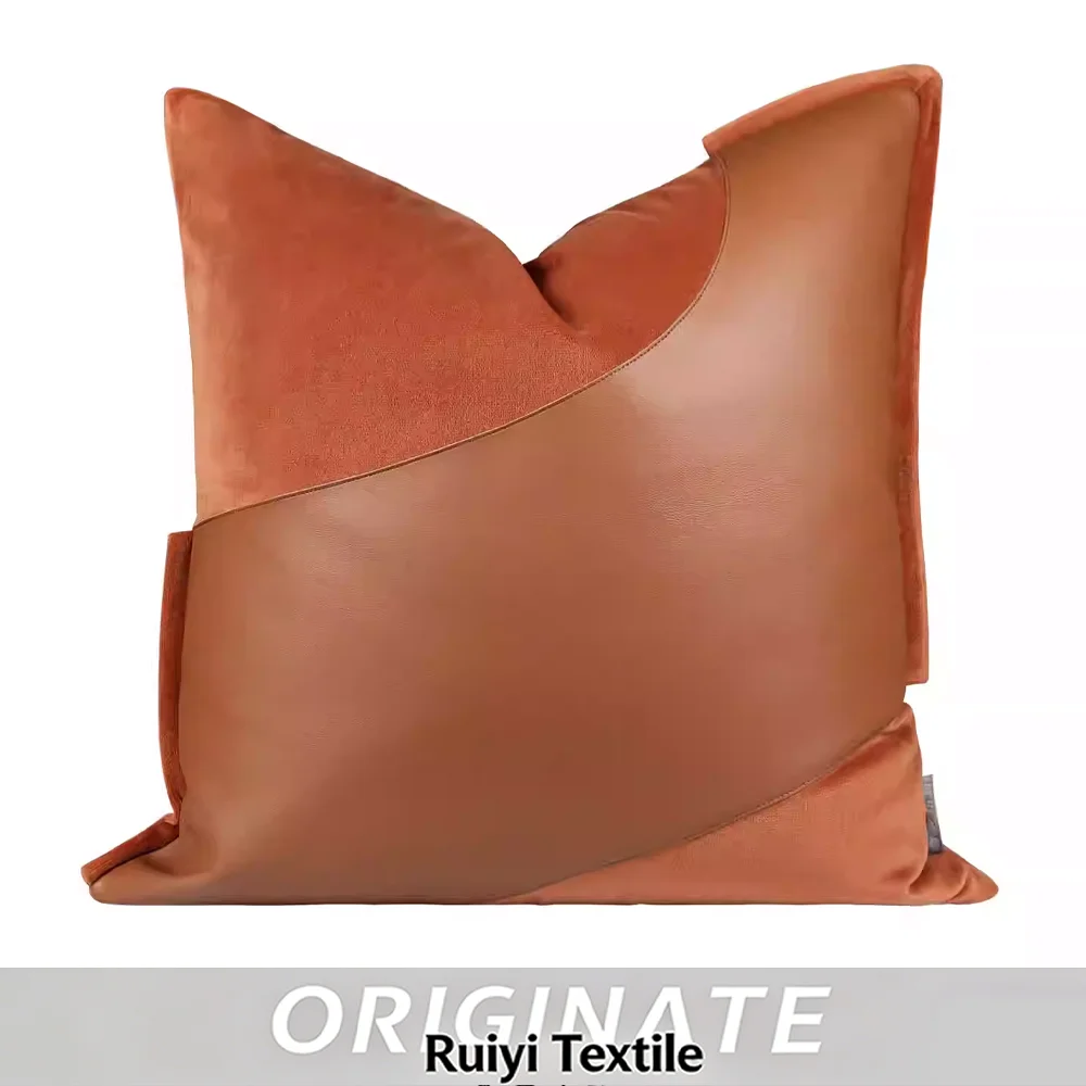 RUIYI Nordic Luxury Backrest Cushion Orange Patchwork Leather Throw Pillow Sofa Living Room Bedroom Cushion Square Pillowcase