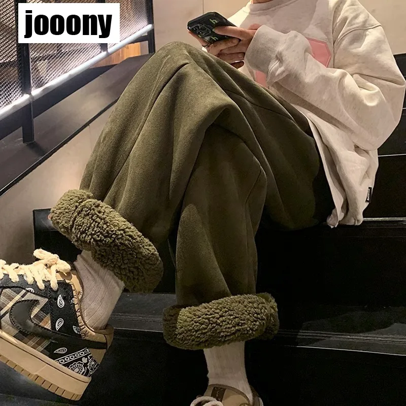 

Зимние флисовые брюки из ягненка, мужские свободные базовые повседневные однотонные повседневные универсальные брюки, плюшевые утолщенные теплые утепленные спортивные длинные брюки