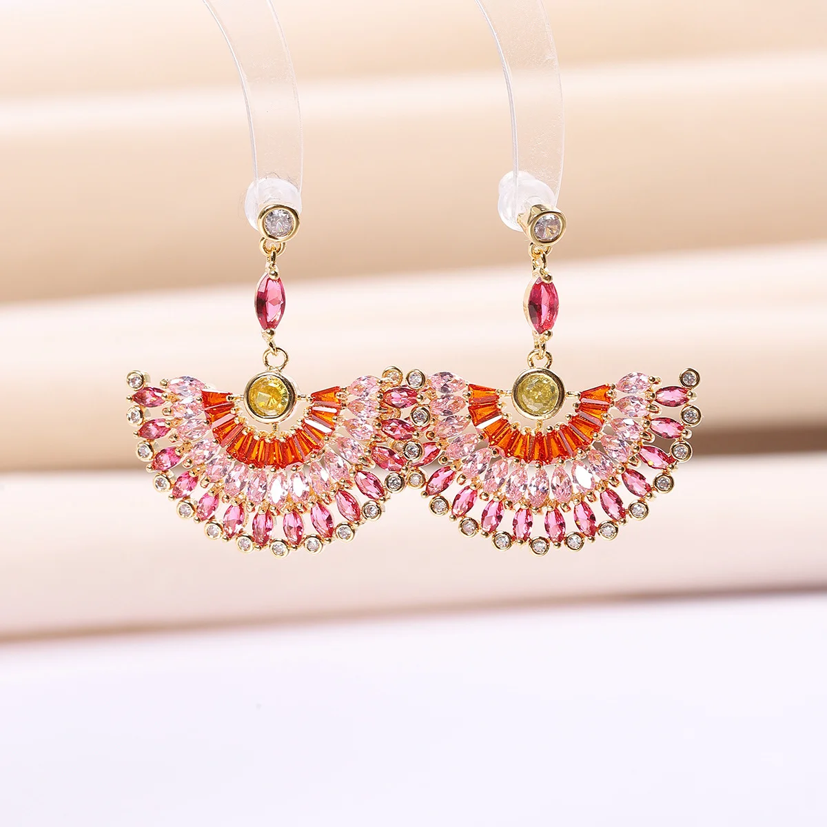 

Серьги-подвески из серебра 925 пробы с розовыми камнями в форме веера, золотистые, эффектные украшения для женщин, для вечеринок и повседневной носки