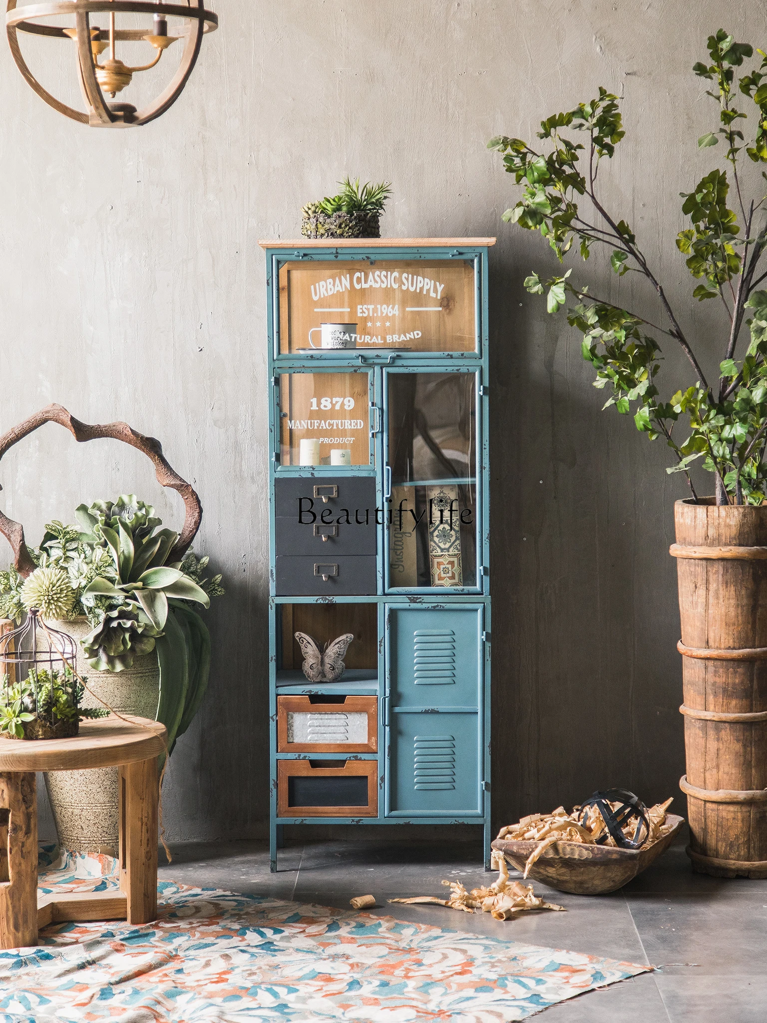 

Retro Iron Art Solid Wood Sideboard Bar & B Storage Organizer Curio Cabinet